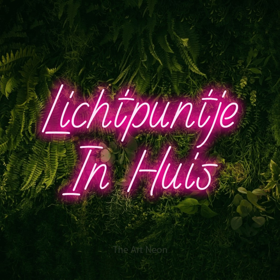 LED neon sign reading “Lichtpuntje In Huis”, arranged in 2 lines.