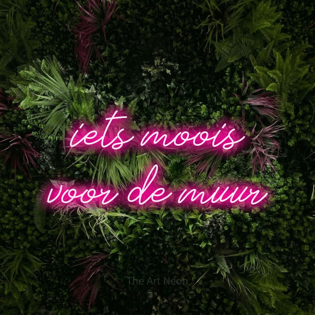 LED neon sign reading “iets moois voor de muur”, arranged in 2 lines.