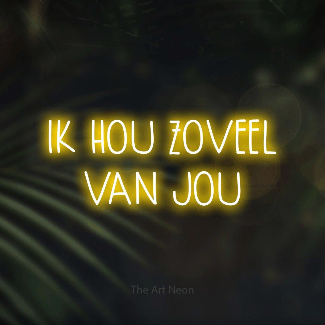 LED neon sign reading “IK HOU ZOVEEL VAN JOU”, arranged in 2 lines.