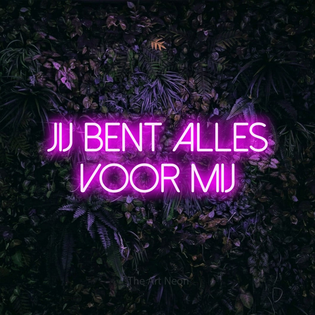 LED neon sign reading “Jij Bent Alles Voor Mij”, arranged in 2 lines.