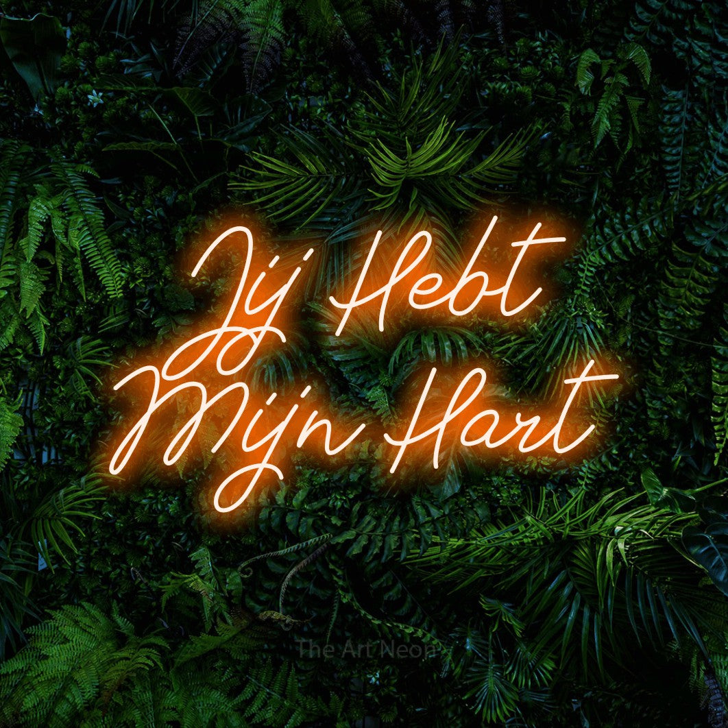 LED neon sign reading “Jij Hebt Mijn Hart”, arranged in 2 lines.