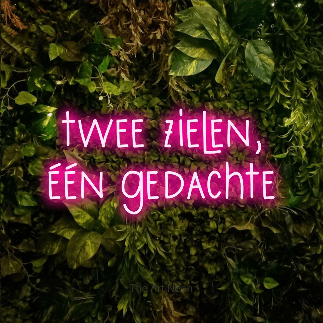 LED neon sign reading “twee zielen, één gedachte”, arranged in 2 lines.