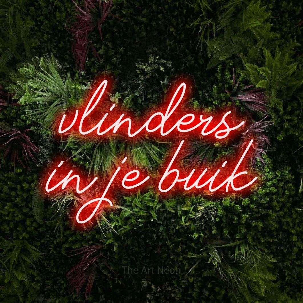 LED neon sign reading “vlinders in je buik”, arranged in 2 lines.