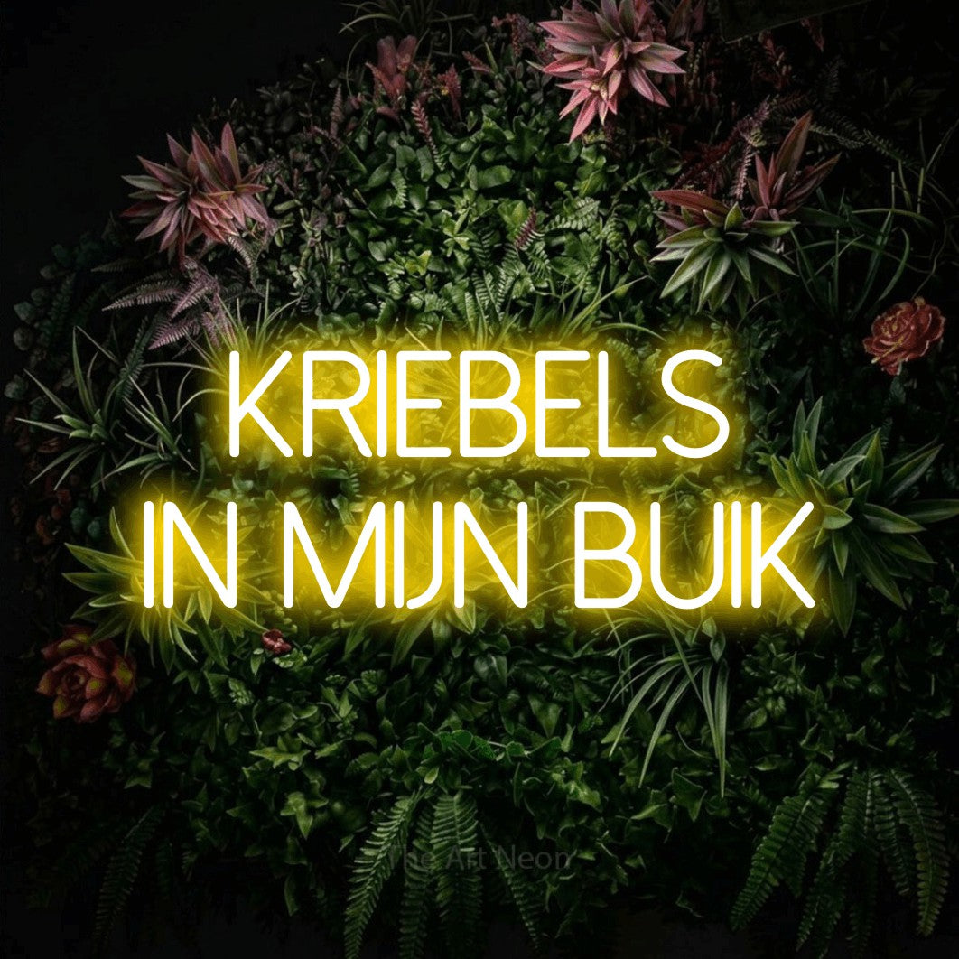 LED neon sign reading “KRIEBELS IN MIJN BUIK”, arranged in 2 lines.