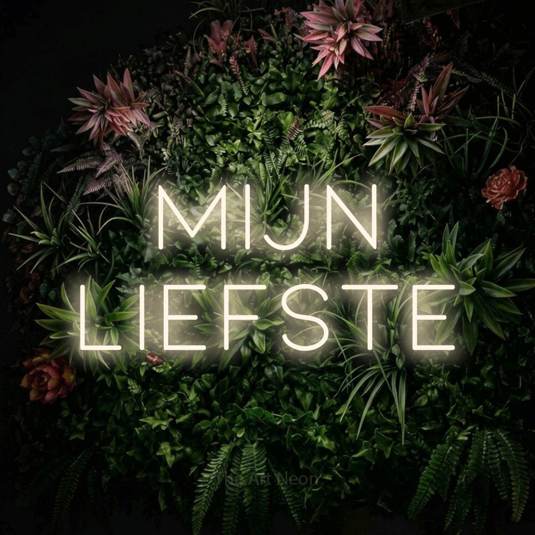 LED neon sign reading “MIJN LIEFSTE”, arranged in 2 lines.
