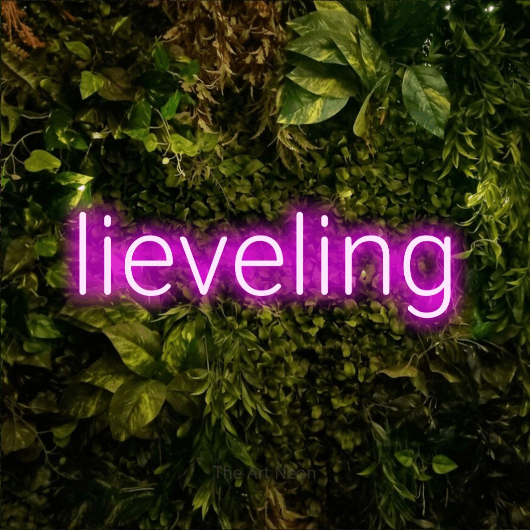 LED neon sign reading “lieveling”, arranged in a single line.
