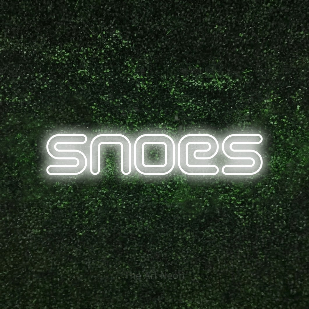 LED neon sign reading “Snoes”, arranged in a single line.
