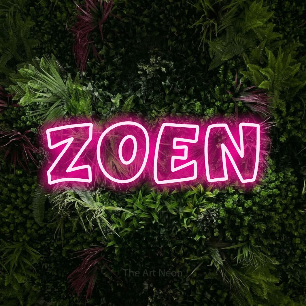 LED neon sign reading “Zoen”, arranged in a single line.