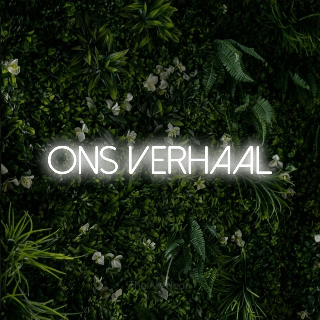 LED neon sign reading “ONS verhaal”, arranged in a single line.