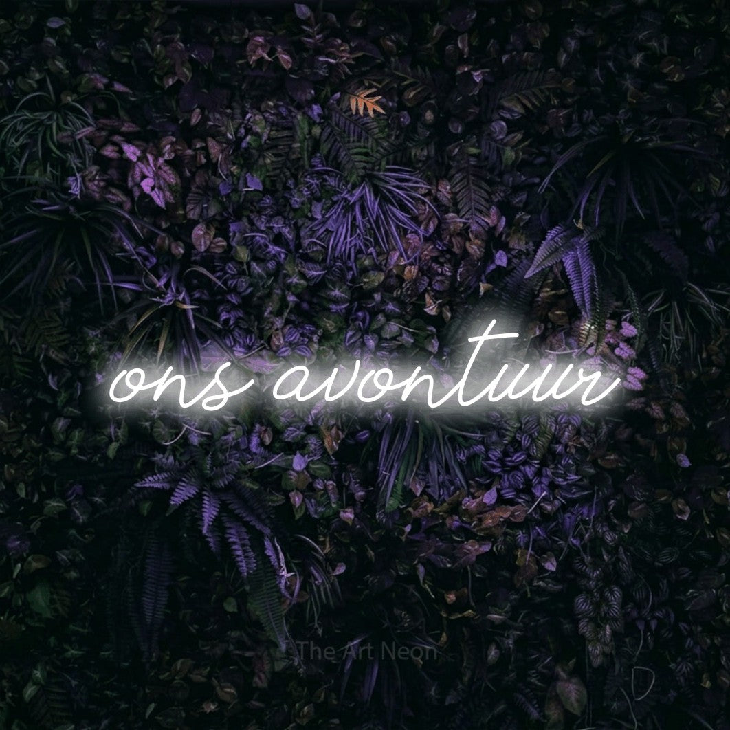 LED neon sign reading “ons avontuur”, arranged in a single line.