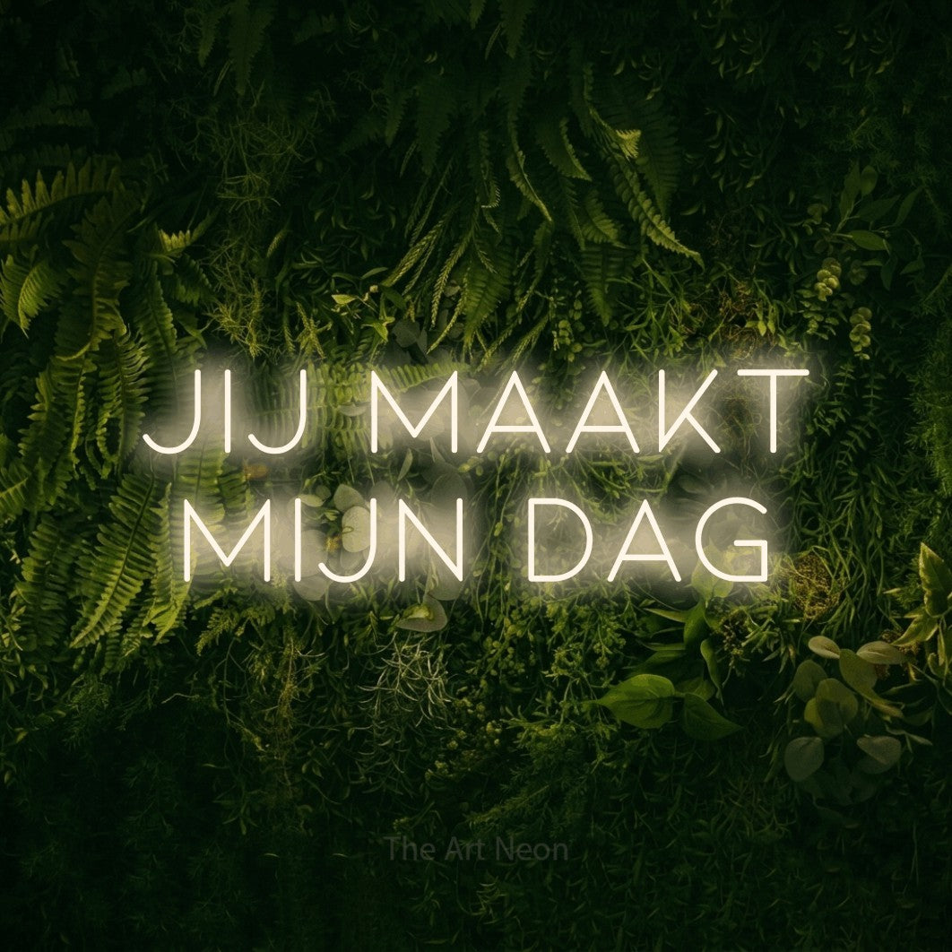 LED neon sign reading “jij maakt mijn dag”, arranged in 2 lines.
