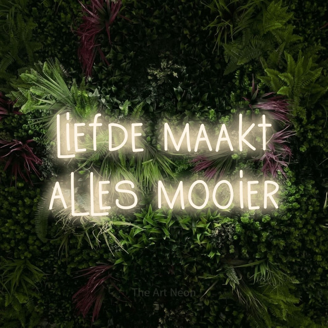 LED neon sign reading “liefde maakt alles mooier”, arranged in 2 lines.