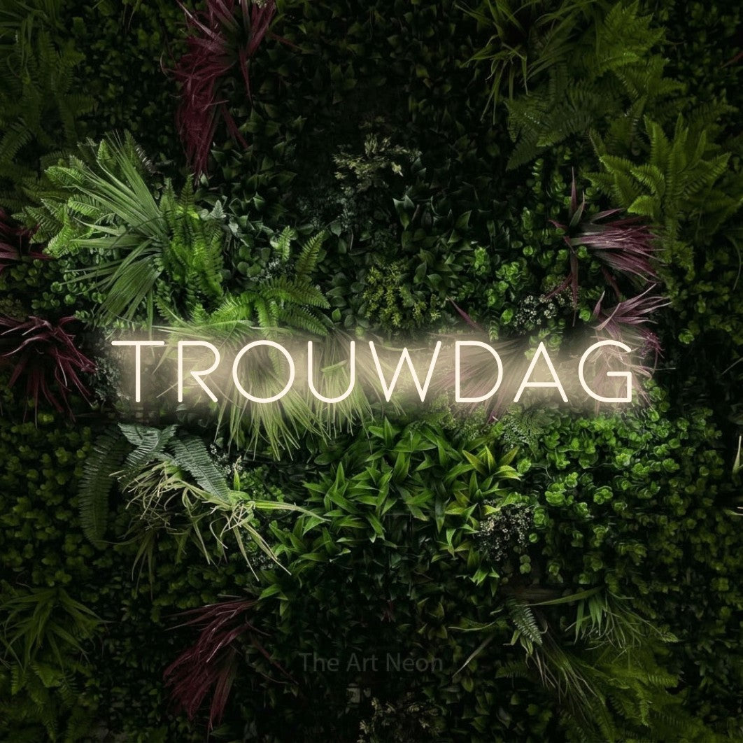 LED neon sign reading “trouwdag”, arranged in a single line.