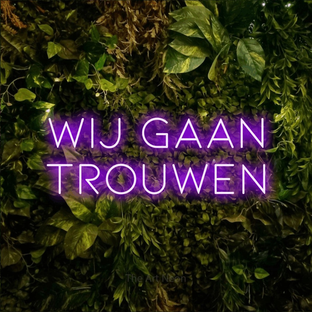 LED neon sign reading “WIJ gaan trouwen”, arranged in 2 lines.