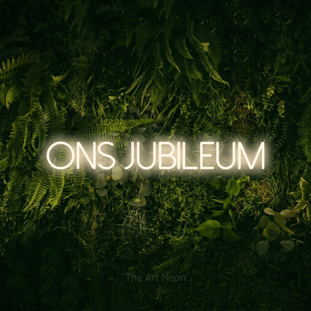 LED neon sign reading “ons jubileum”, arranged in a single line.