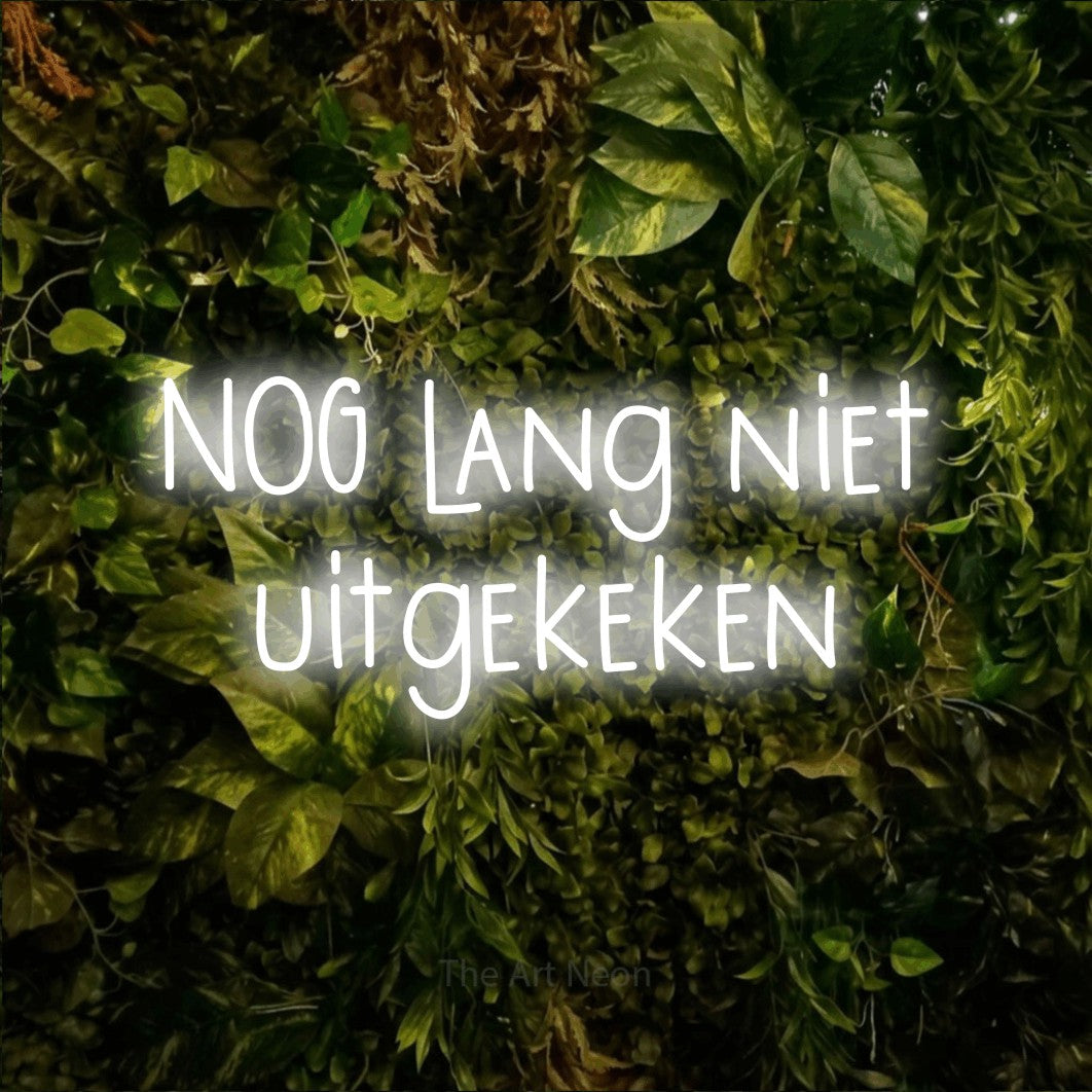 LED neon sign reading “NOG lang niet uitgekeken”, arranged in 2 lines.