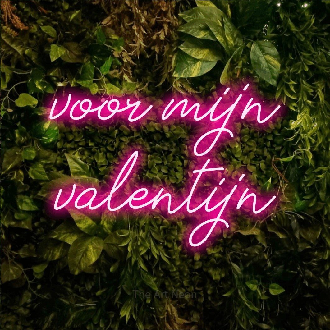 LED neon sign reading “voor mijn valentijn”, arranged in 2 lines.