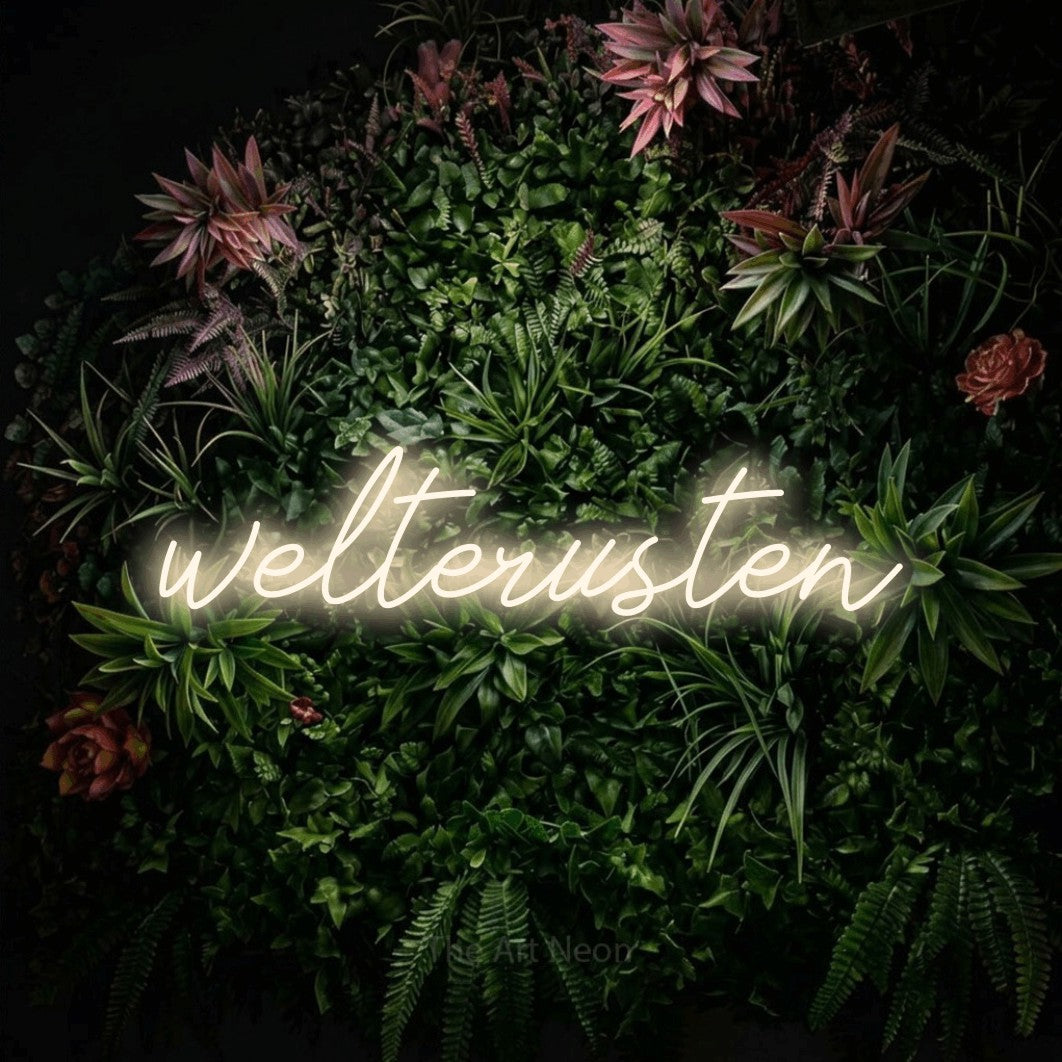 LED neon sign reading “welterusten”, arranged in a single line.