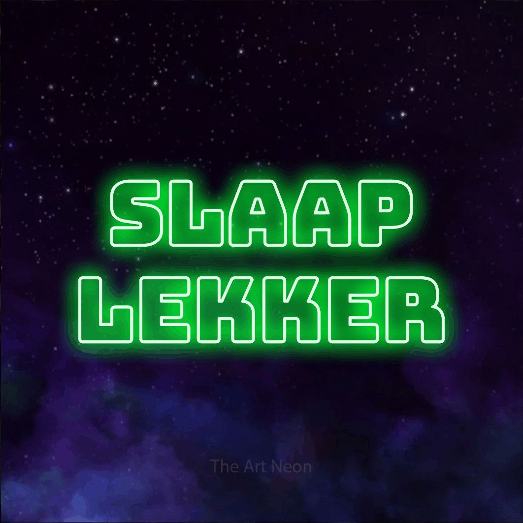 LED neon sign reading “SLAAP lekker”, arranged in 2 lines.