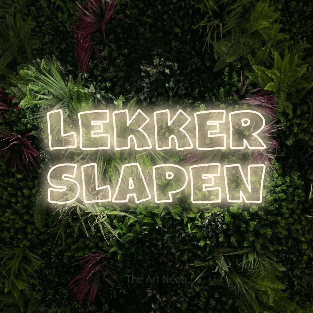 LED neon sign reading “Lekker Slapen”, arranged in 2 lines.