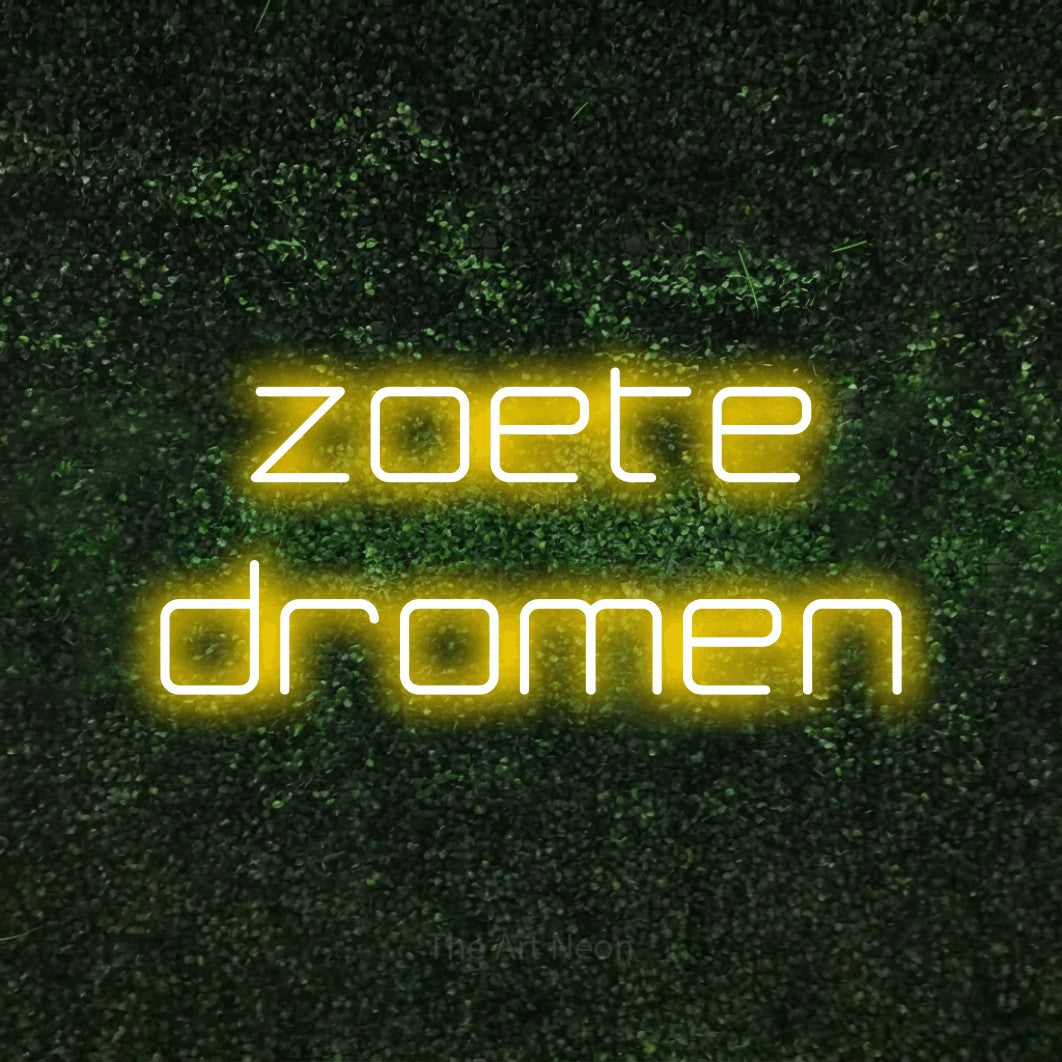 LED neon sign reading “zoete dromen”, arranged in 2 lines.