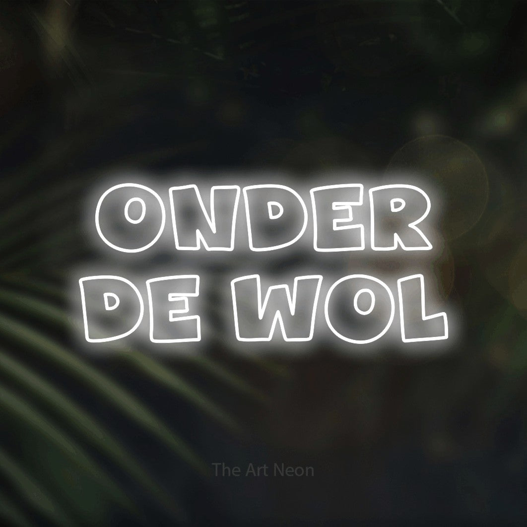 LED neon sign reading “Onder De Wol”, arranged in 2 lines.