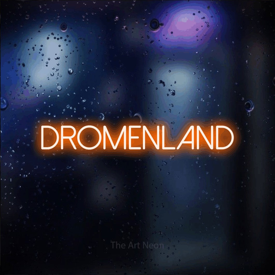 LED neon sign reading “DROMENLAND”, arranged in a single line.