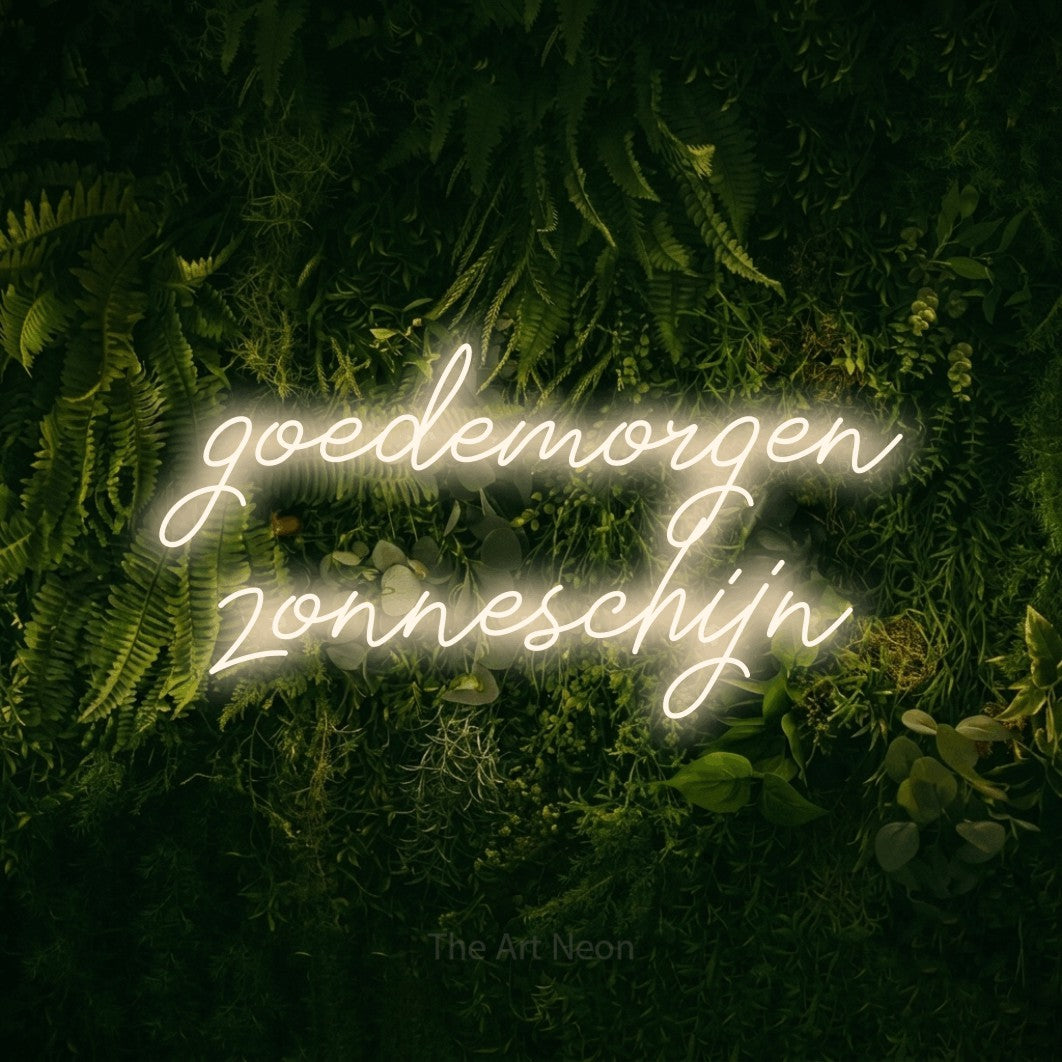 LED neon sign reading “goedemorgen zonneschijn”, arranged in 2 lines.