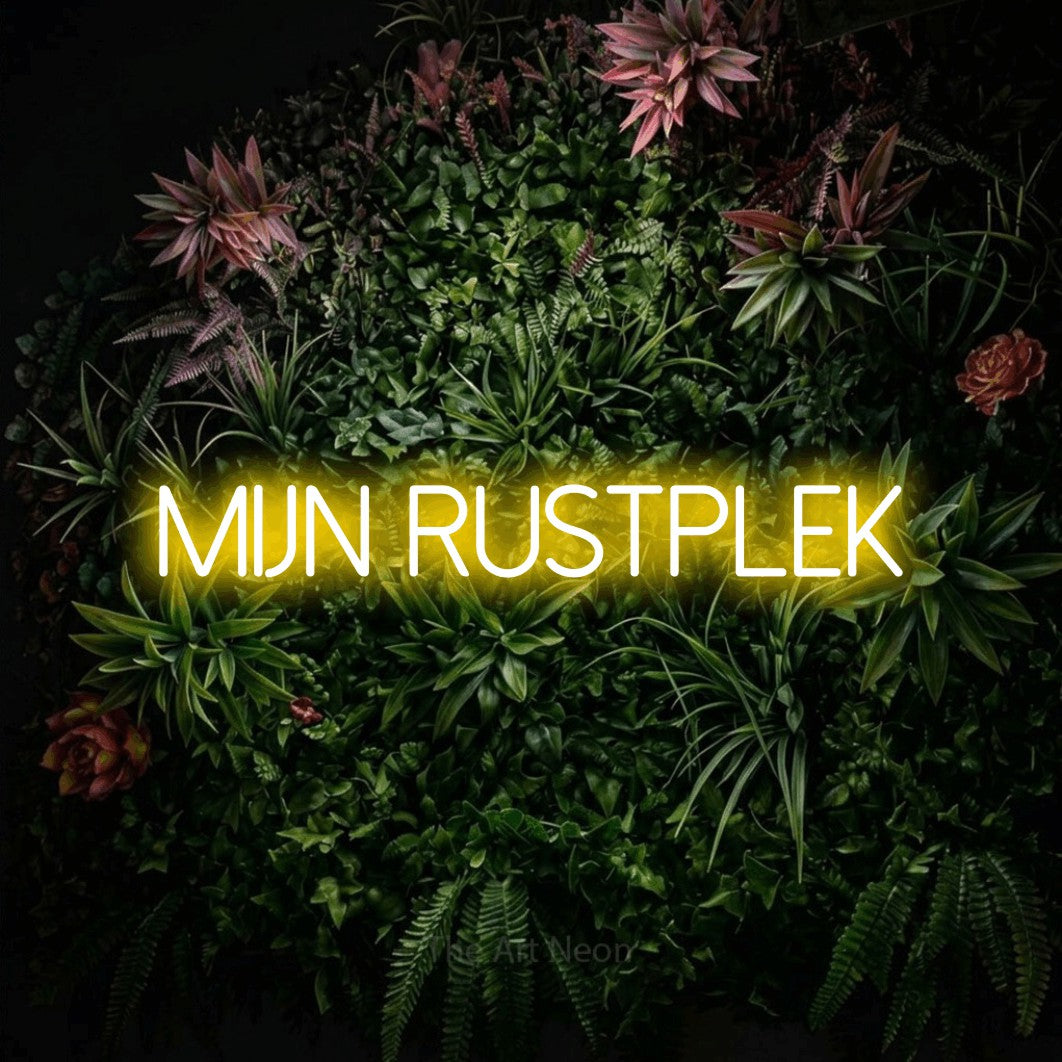 LED neon sign reading “MIJN rustplek”, arranged in a single line.