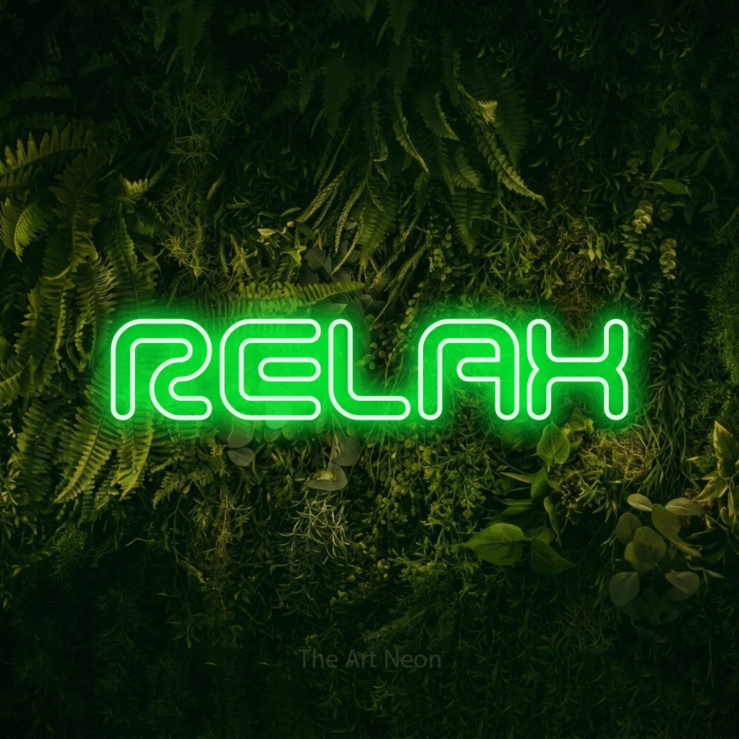 LED neon sign reading “RELAX”, arranged in a single line.