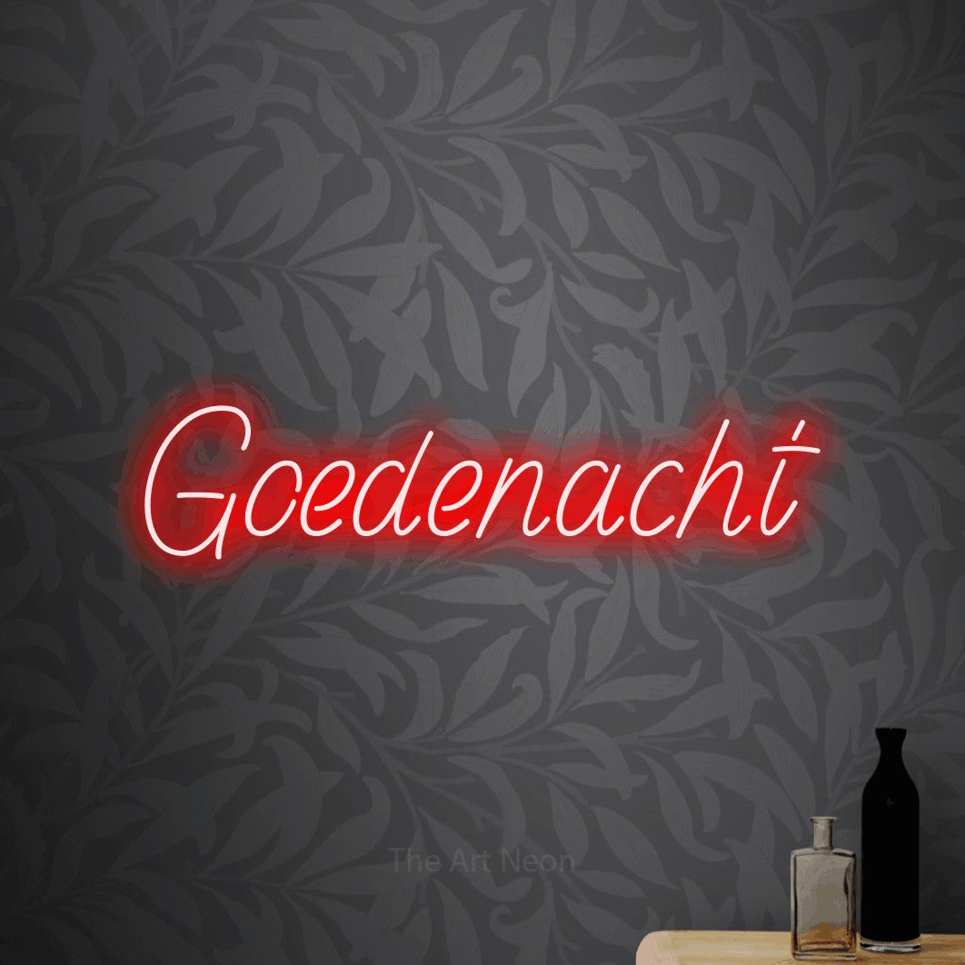 LED neon sign reading “Goedenacht”, arranged in a single line.