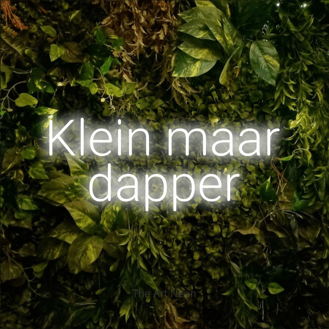 LED neon sign reading “Klein maar dapper”, arranged in 2 lines.