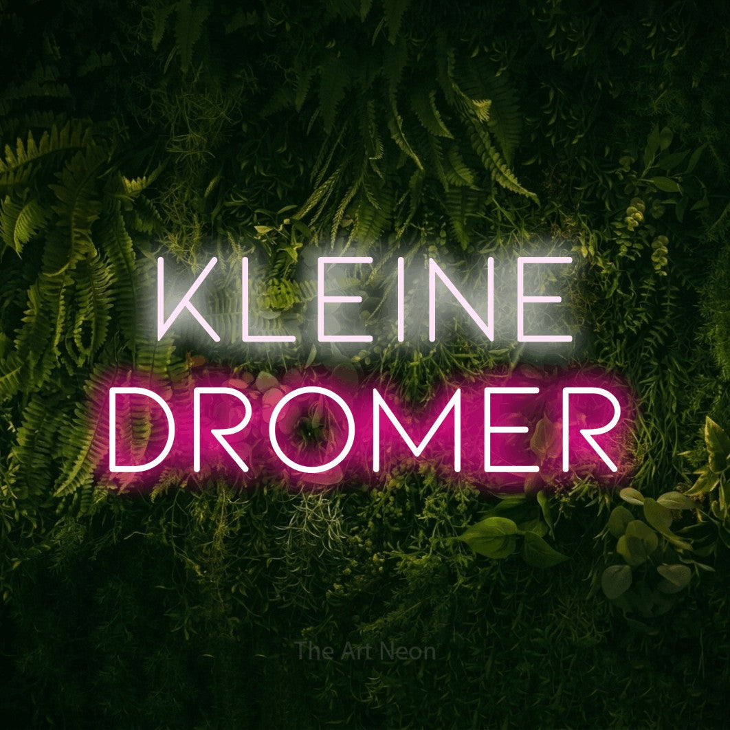 LED neon sign reading “kleine dromer”, arranged in 2 lines.