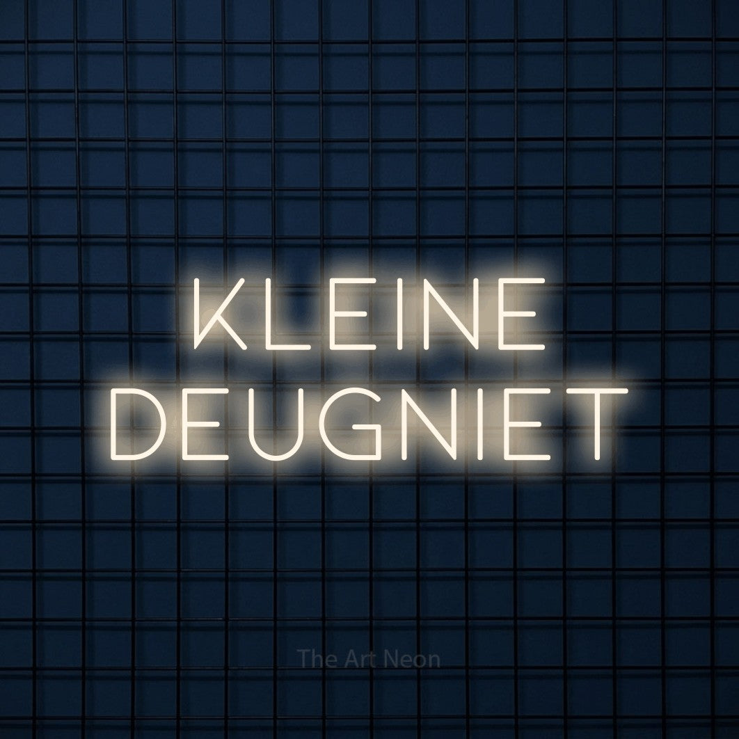 LED neon sign reading “Kleine Deugniet”, arranged in 2 lines.