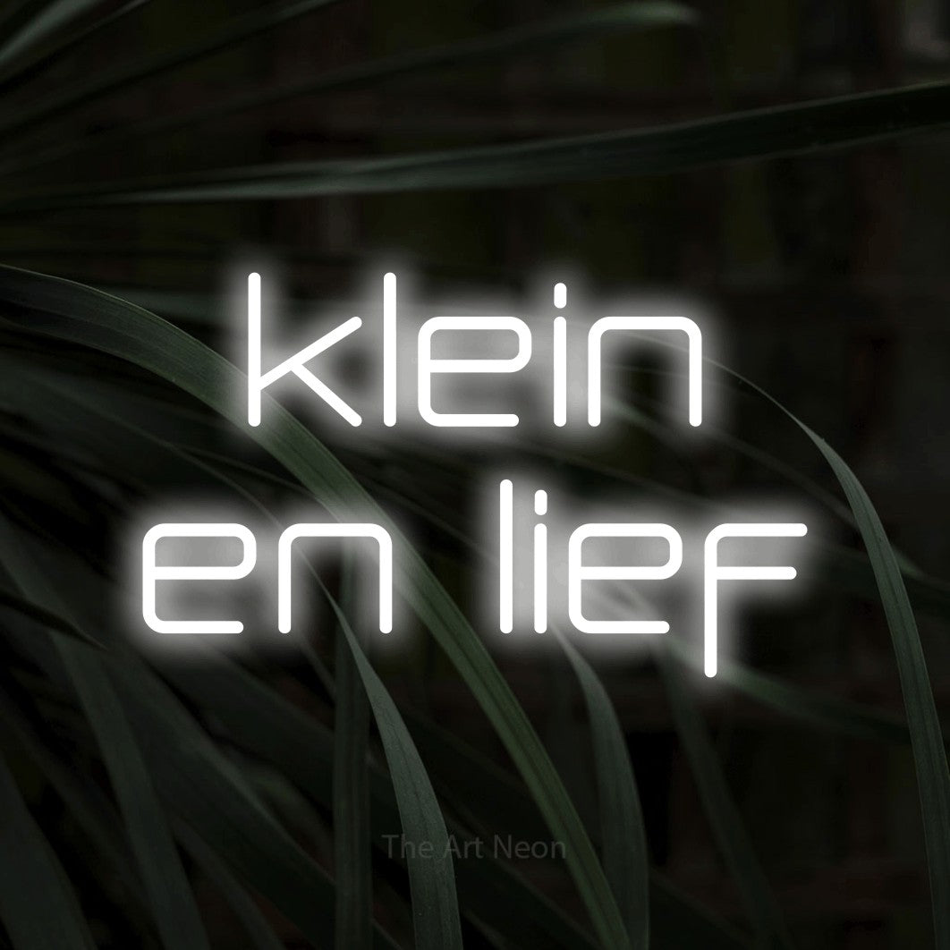 LED neon sign reading “klein en lief”, arranged in 2 lines.
