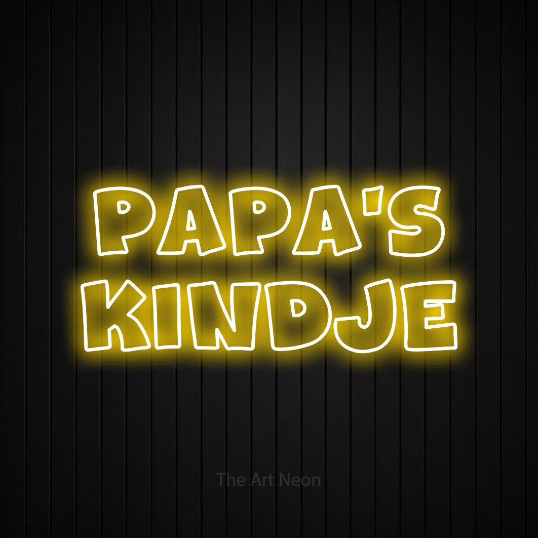LED neon sign reading “PAPA'S KINDJE”, arranged in 2 lines.