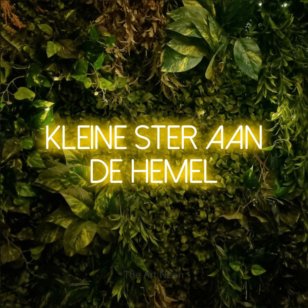 LED neon sign reading “kleine ster aan de hemel”, arranged in 2 lines.