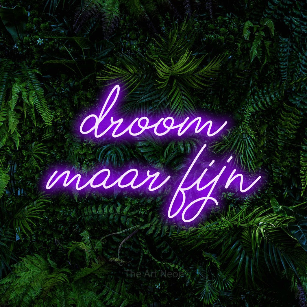 LED neon sign reading “droom maar fijn”, arranged in 2 lines.