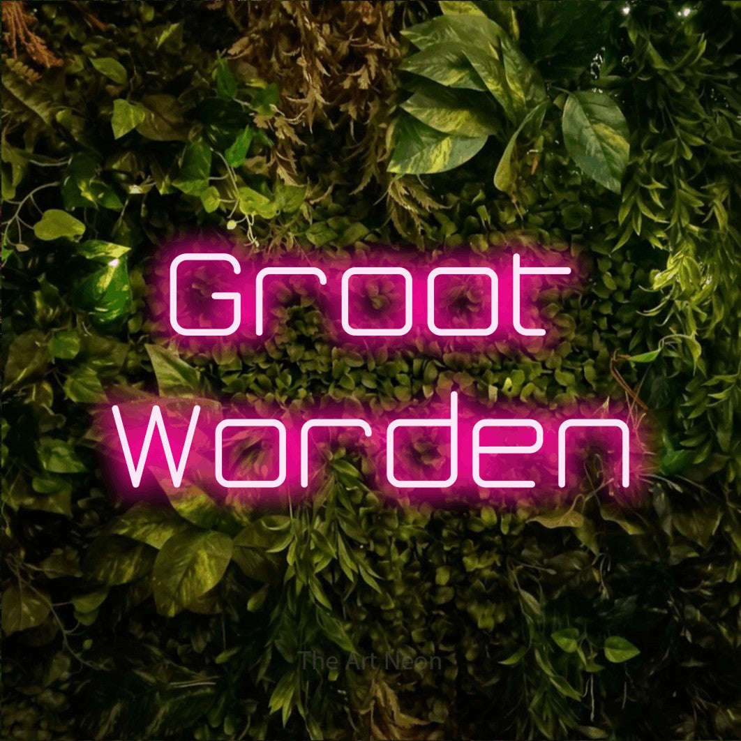 LED neon sign reading “Groot Worden”, arranged in 2 lines.
