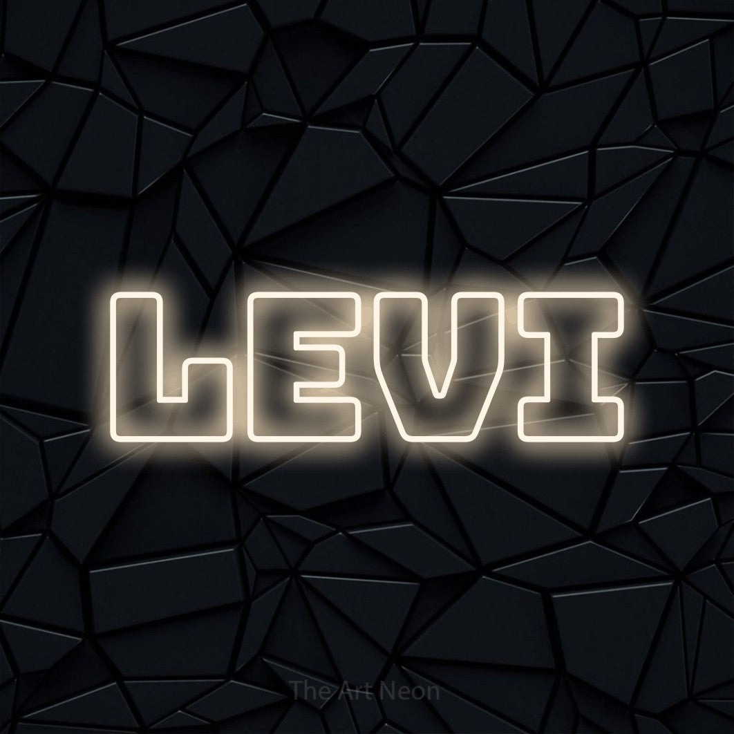 LED neon sign reading “levi”, arranged in a single line.