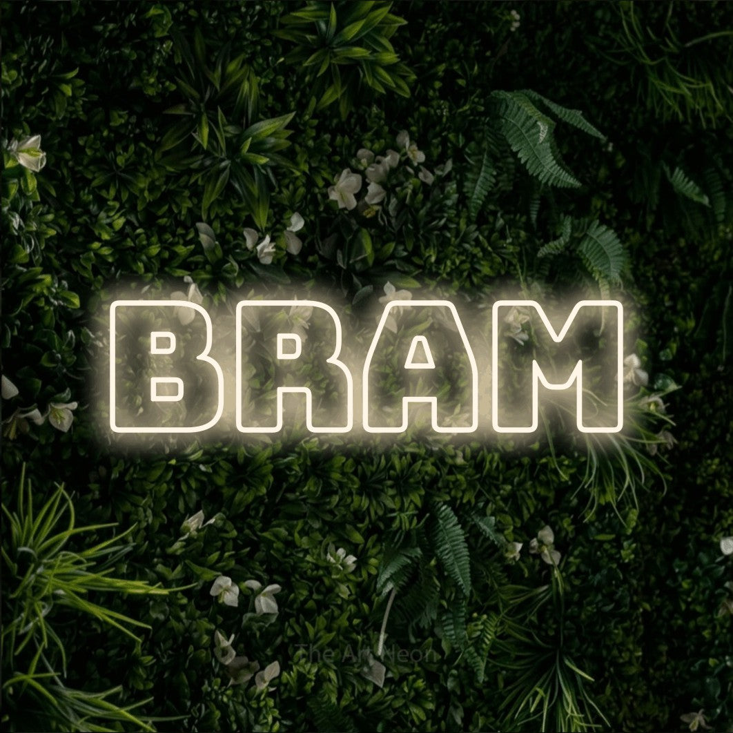 LED neon sign reading “BRAM”, arranged in a single line.