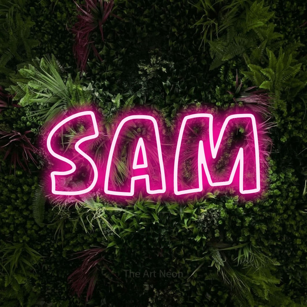 LED neon sign reading “Sam”, arranged in a single line.