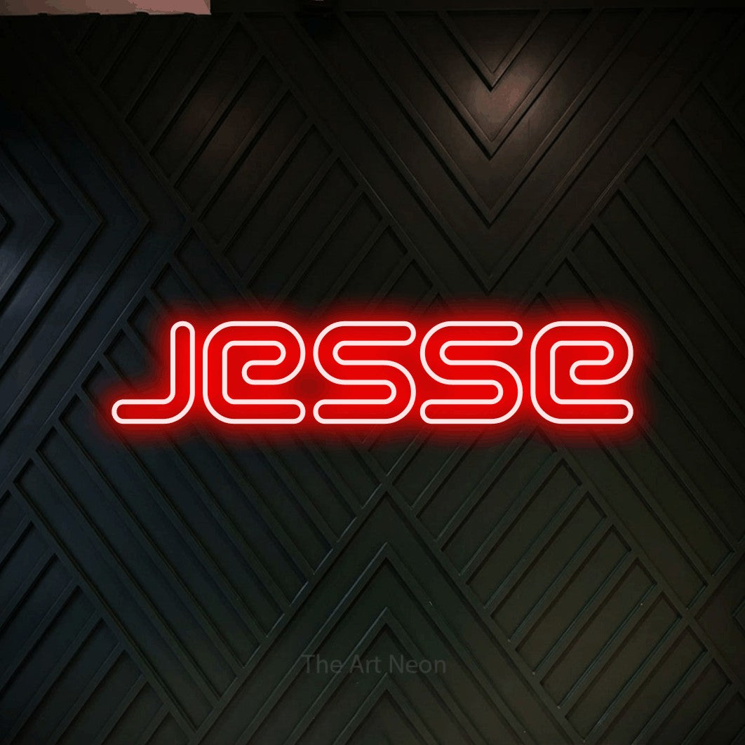LED neon sign reading “Jesse”, arranged in a single line.