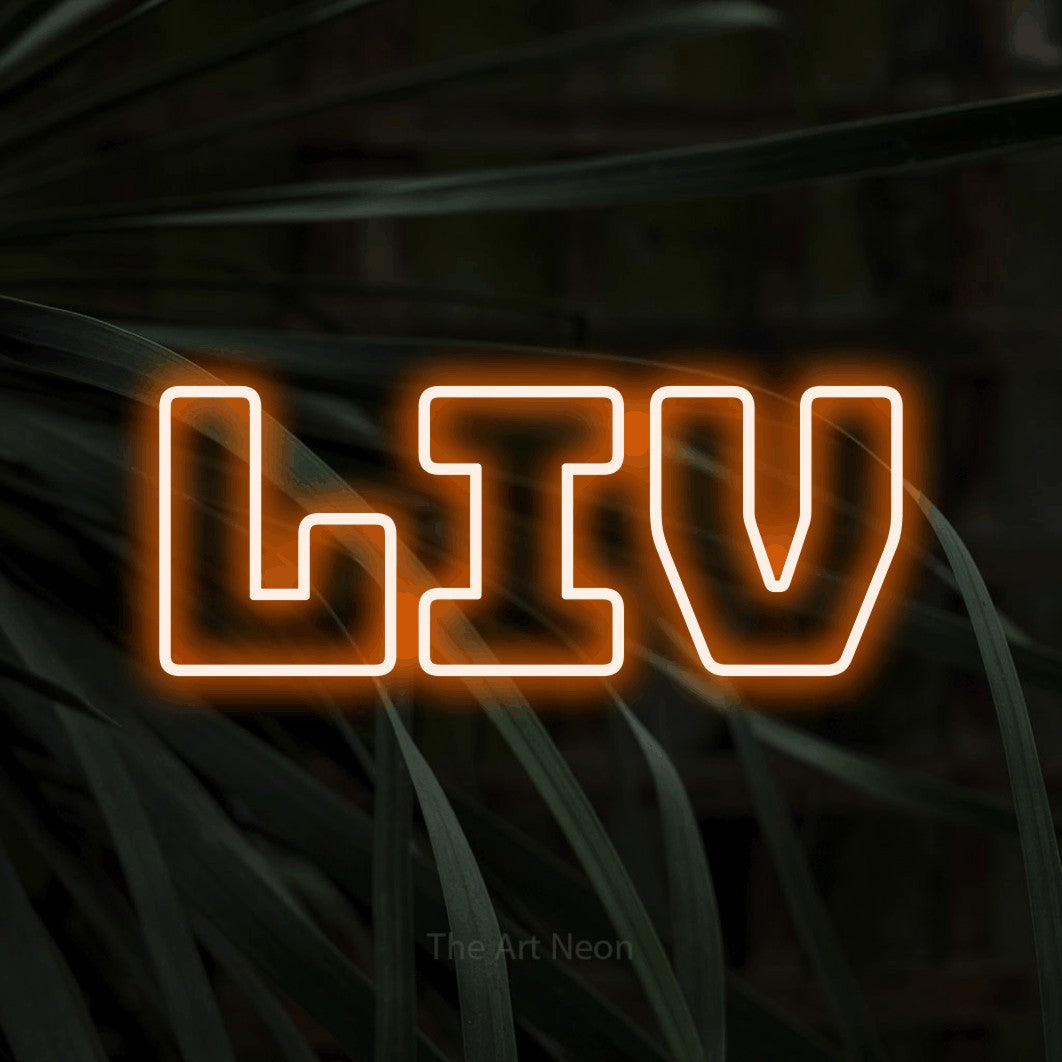 LED neon sign reading “liv”, arranged in a single line.