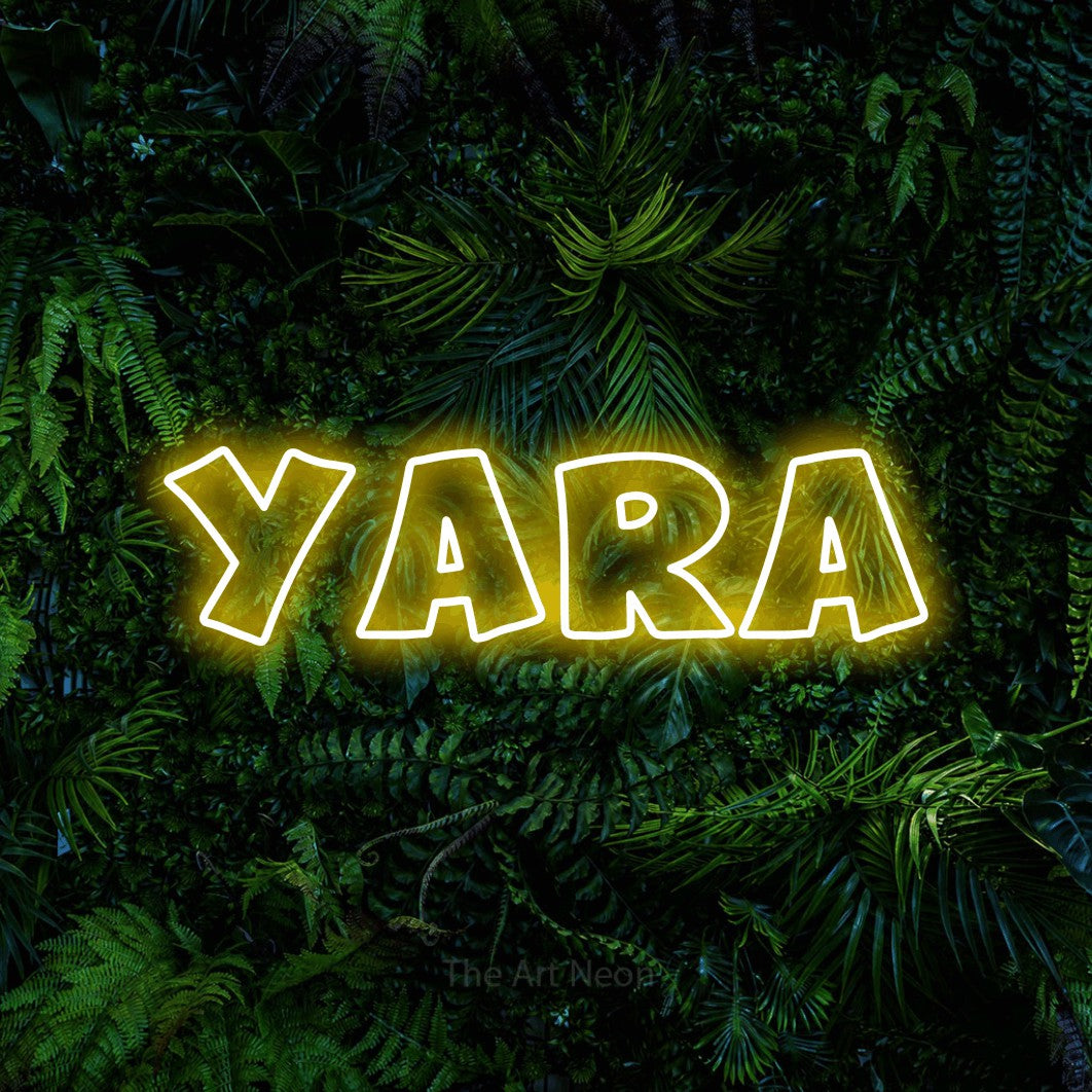 LED neon sign reading “Yara”, arranged in a single line.