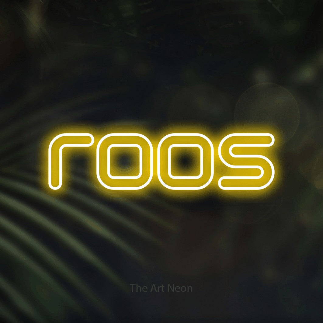 LED neon sign reading “roos”, arranged in a single line.