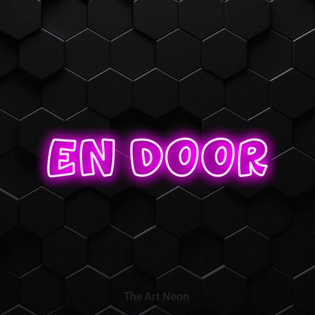 LED neon sign reading “EN DOOR”, arranged in a single line.