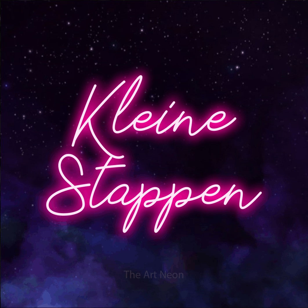 LED neon sign reading “Kleine Stappen”, arranged in 2 lines.