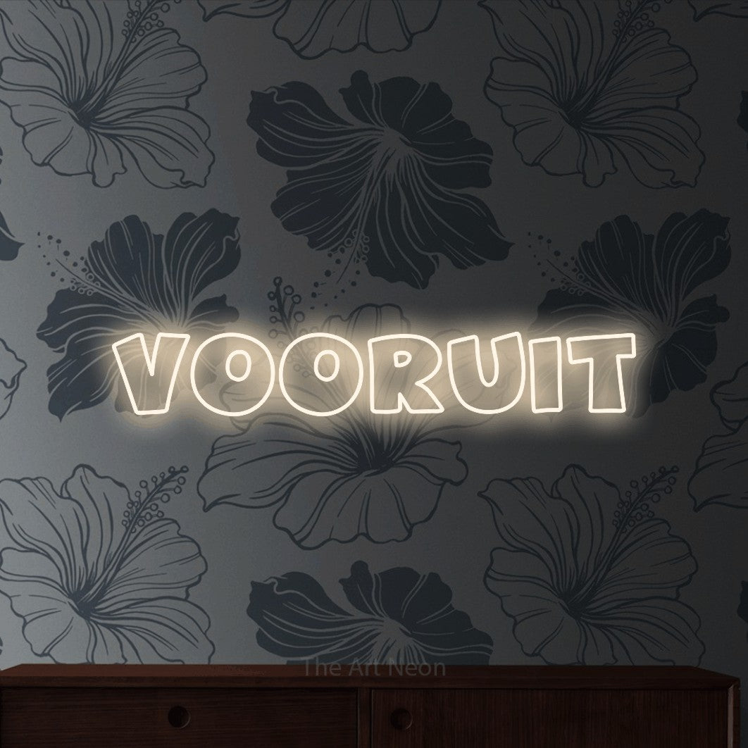LED neon sign reading “Vooruit”, arranged in a single line.