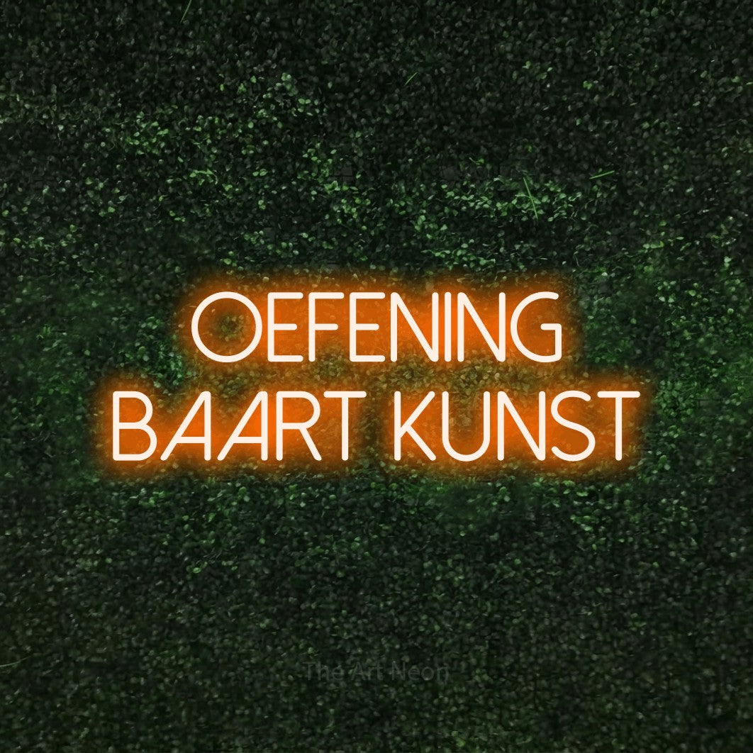 LED neon sign reading “OEFENING BAART KUNST”, arranged in 2 lines.